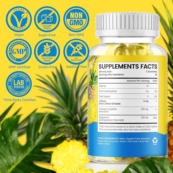 Lithium Orotate Gummies 5mg, Low Dose Lithium Supplements with Magnesium & NAC for Mood & Stress Relief, Gentle & Highly Absorbable, Sugar Free, Vegan, Pectin, Pineapple, 60 Chews