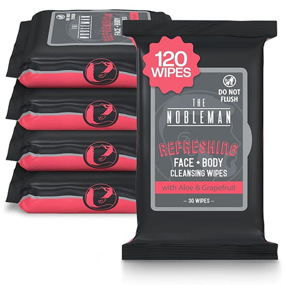 The Nobleman Face + Body Cleansing Wipes: Refreshing - with Aloe & Eucalyptus - 120 TOTAL WIPES (30ct x 4) - Travel-Friendly, Skin-Nourishing, All-in-One Wipes for Men & Women