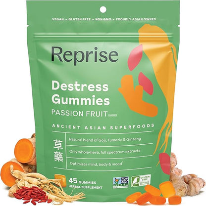 De-Stress Gummies with American Ginseng, Turmeric, and Goji - Assist with Stress Relief & Mood Boost, All-Natural Relaxation, Low-Sugar, 45 Vegan Gummies, Passion Fruit (Pack of 1)