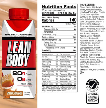 LABRADA NUTRITION - Lean Body RTD Whey Protein Shake, Convenient On-The-Go Meal Replacement Shake for Men & Women, 20 grams of Protein – Zero Sugar, Lactose & Gluten Free, Salted Caramel (Pack of 16)