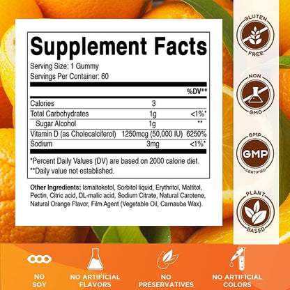 Vitamatic Sugar Free Vitamin D3 50,000 IU Weekly Supplement – 60 Pectin-Based Gummies High-Potency Vitamin D for Bone, Teeth & Immune Support