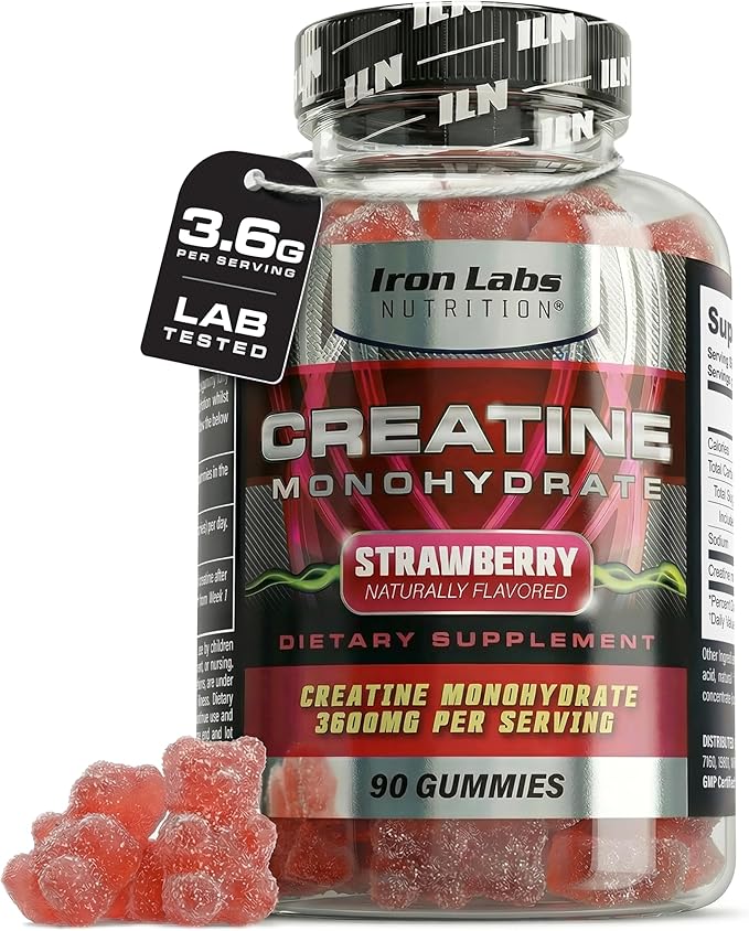 Iron Labs Nutrition Creatine Monohydrate Gummies (90 Gummy Bears) - 3600mg Per Serving - LAB Tested - Strawberry Flavor - High Strength Creatina for Men & Women (90 Vegan Gummys)