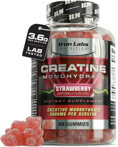 Iron Labs Nutrition Creatine Monohydrate Gummies (90 Gummy Bears) - 3600mg Per Serving - LAB Tested - Strawberry Flavor - High Strength Creatina for Men & Women (90 Vegan Gummys)