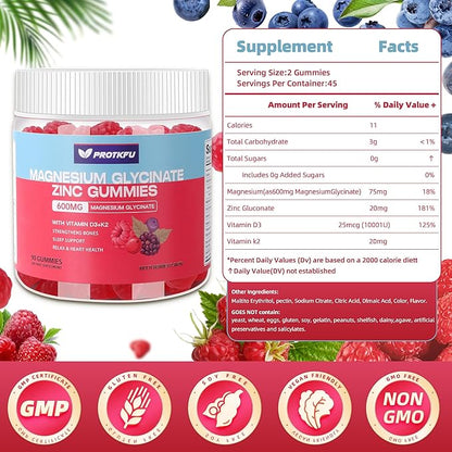 90 CT Magnesium Glycinate Gummies 600mg, Sugar Free Magnesium Gummies w/Zinc & Vitamin D3 - Magnesium Supplements for Sleep, Supports Bone Health, Nerve & Immune Function