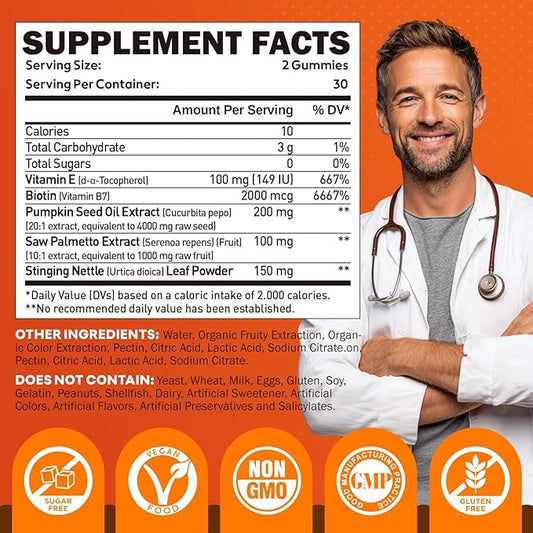 Pumpkin Seed Oil Gummies, Organic Pumpkin Seed Oil Supplements with Saw Palmetto, Biotin for Skin & Hair Growth, Cold Pressed Pumpkin Seed Extract with Stinging Nettle for Prostate Health, Vegan, 60