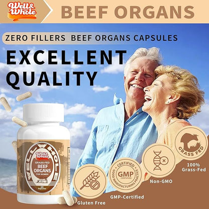 Well&Whole Grassfed Beef Organ Supplement Capsules, Organic Female & Male Bovine Organ Complex, Grass Fed & Pasture Raised, Total Body Wellness Support, 60 Capsules, 60 Days Supply