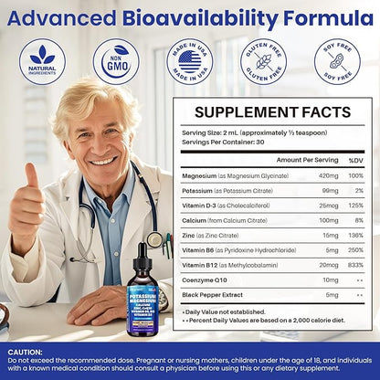 Potassium Magnesium Calcium Zinc Liquid Complex – Chelated Minerals with D3, B6, B12 & CoQ10 for Superior Absorption, Heart, Bone, Muscle, Sleep & Anti-Aging Support, 2 Fl Oz(60ml)