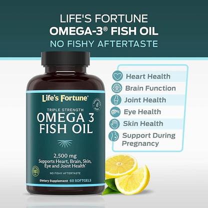 Life's Fortune Fish Oil Omega 3 Concentrate Supplement 2500 mg, 60 Softgels, High Potency, EPA & DHA Fatty Acid - Heart, Brain, Skin, Joints - Non GMO