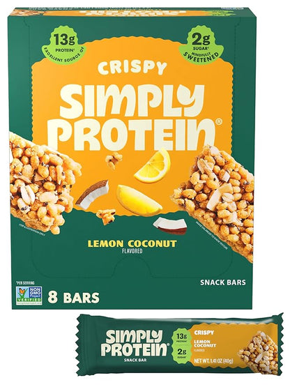 Simply Protein - Lemon Coconut Crispy Bars - Plant Based Protein Bars - Low Carb, Low Sugar, High Fiber - 13g Protein, 2g Sugar, 7g Fiber - Vegan, Gluten Free, Non GMO, Kosher - 8 Bars
