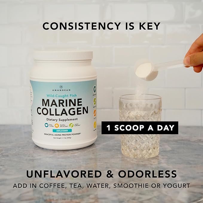 AMANDEAN Marine Collagen Peptides Powder. Double Hydrolyzed for Increased Absorption. Wild-Caught Fish Collagen Supplement. Type 1 & 3 Collagen Protein. 18 Amino Acids for Skin, Hair, Nails.