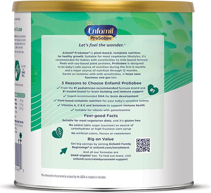 Enfamil Prosobee Plant based Baby Formula, for Sensitive Tummies, Soy-based Plant Sourced Protein, Vitamins for Immune Support, Lactose-free, Milk free, Gluten free, 20.9 Oz Can
