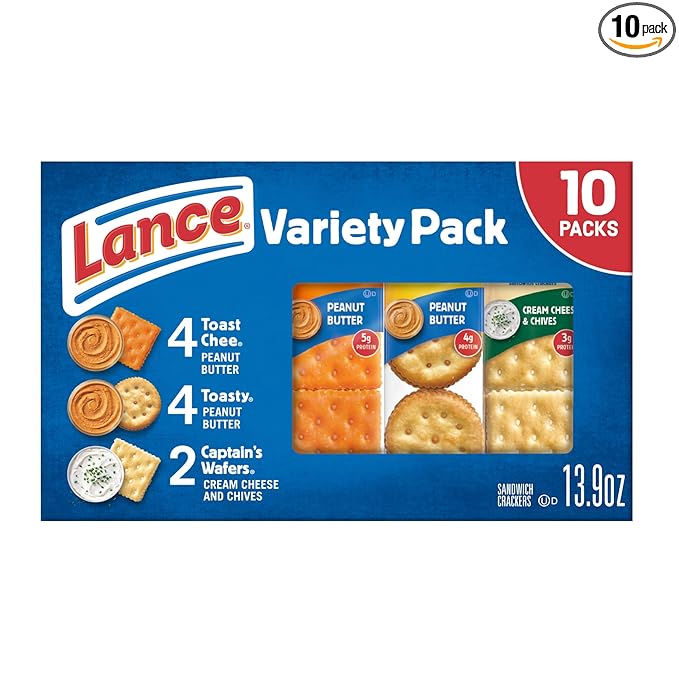 Lance Sandwich Crackers, Variety Pack, 3 Flavors, 10 Individually Wrapped Packs, 6 Sandwiches Each