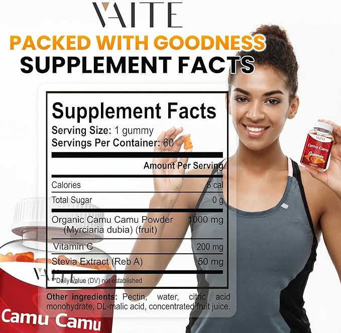 VAITE Camu Camu Vitamin C Gummies for Skin and Hair – Antioxidant-Rich, Vegan, Gluten-Free Supplement for Immune Support, Energy Boost, and Collagen – 60 Chewables for Active Men and Women