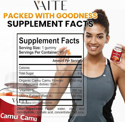 VAITE Camu Camu Vitamin C Gummies for Skin and Hair – Antioxidant-Rich, Vegan, Gluten-Free Supplement for Immune Support, Energy Boost, and Collagen – 60 Chewables for Active Men and Women