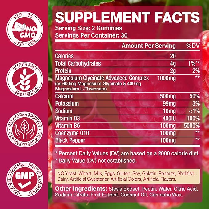 Magnesium Glycinate Gummies 1000mg, Magnesium Gummies for Adults & Kids with L-Threonate, Magnesium Supplement for Relaxation, Calm, Sugar Free, Raspberry Flavor, 60 Count