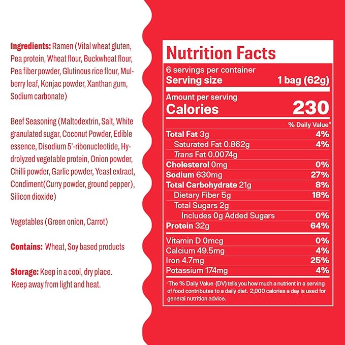 Hethstia Protein Ramen Spicy Beef Flavor, 6-Pack Instant Noodle Soup, 32g Plant-Based Protein, Vegan, Non-GMO, Low Fat, Healthy High Protein Ramen Meal
