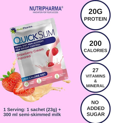 Quick Slim Meal Replacement Shake for Weight Loss, 30 Servings, Complete Meal Replacement Powder, Low Carb Diet Shakes for Women & Men, 20g Protein, 27 Vit & Min, Fiber, Gluten Free (Strawberry Cream)