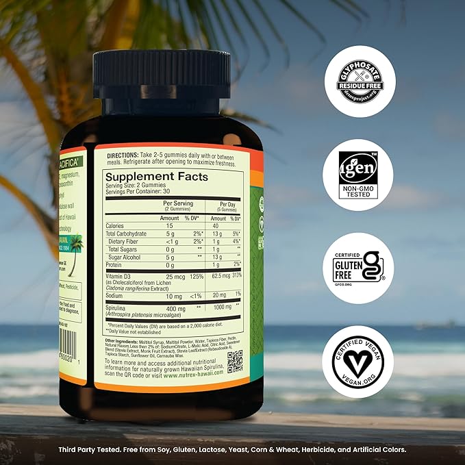 Nutrex Hawaii Pure Hawaiian Spirulina Gummies – Sugar-Free, Vegan Superfood Plus Vitamin D3, Farm Grown in Kona, Non-GMO, 60 Count