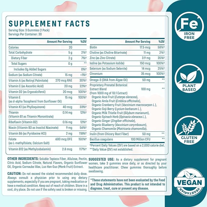 Prenatal Gummies Sugar Free 90 Count - Organics Prenatal Vitamins for Women with Folate, DHA & Probiotics - Iron Free Prenatal Vitamin Gummies for Immune & Digestive - 1 Bottle
