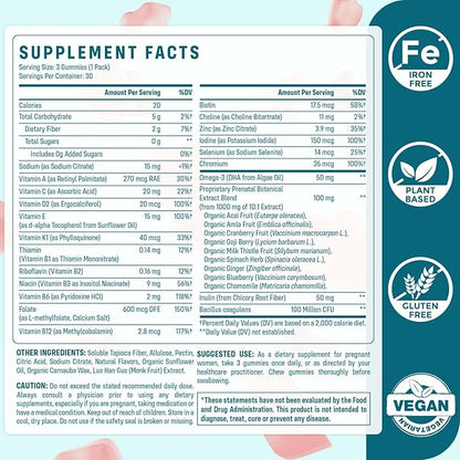 Prenatal Gummies Sugar Free 90 Count - Organics Prenatal Vitamins for Women with Folate, DHA & Probiotics - Iron Free Prenatal Vitamin Gummies for Immune & Digestive - 1 Bottle