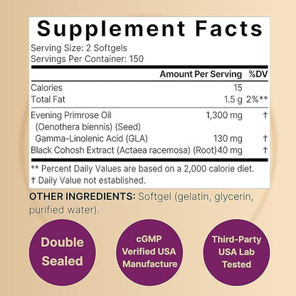 NatureBell Evening Primrose Oil with Black Cohosh, 1,300mg Per Serving, 300 Mini-Softgels | Cold Pressed Seeds, Retains 130mg GLA for Womens Health & Skin Care Support – Hexane Free, Non-GMO