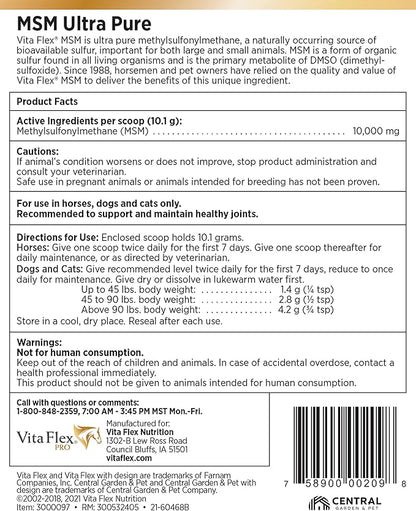 Vita Flex MSM Ultra Pure Joint Supplement for Dogs, Horses & Cats, 4 Pounds – MSM Supplement, Powder for Healthy Joints, Collagen & Mobility Support