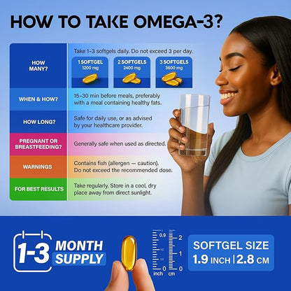 Omega 3 Fish Oil 3600 mg - Omega 3 Supplement | EPA & DHA - Heavy Metals Free - Heart, Brain & Joint Support - Purified Fish Oil for Men & Women - Lemon Flavored - Made in USA, 90 Softgels