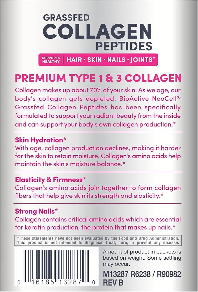 NeoCell Collagen Peptides Powder Packets | 20 Stick Packs | Grass Fed Bovine | Unflavored Supplement | Hair, Skin, & Nails | for Women and Men