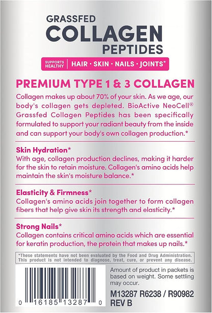 NeoCell Collagen Peptides Powder Packets | 20 Stick Packs | Grass Fed Bovine | Unflavored Supplement | Hair, Skin, & Nails | for Women and Men