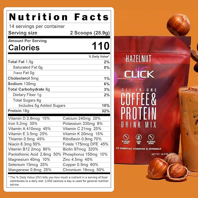 Click Coffee Protein Powder | Double Shot Espresso | 16g Protein | 23 Essential Vitamins | Low Calorie Meal Replacement | 150mg Caffeine | Gluten Free | No Artificial Flavors or Colors | Hazelnut