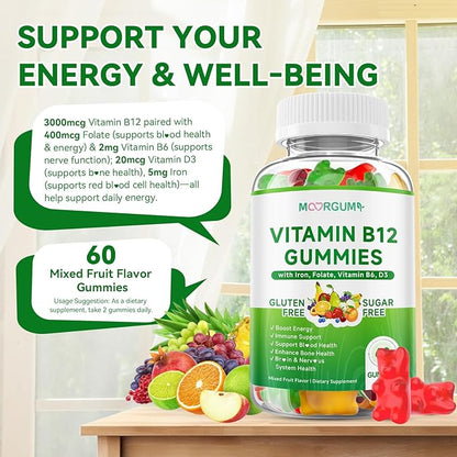 1 Pack Methyl B-12 3000mcg Gummies for Kids & Adults, Vitamin B12 (Methylcobalamin) with Vitamin B6, Folate & D3, Supports Energy, Metabolism & Immune Wellness, 60 Count