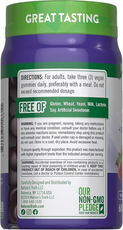 Nature's Truth Iron Gummies | 60 Count | Vegan, Non-GMO & Gluten Free Supplement | with Zinc & B Vitamins | Grape Flavor