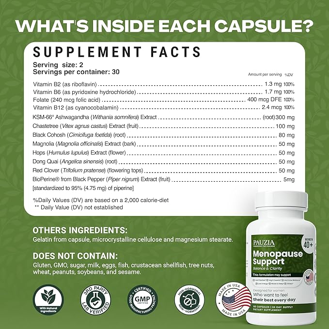 PAUZIA Menopause Supplements for Women 40+ | Natural Menopause Relief with Black Cohosh, Ashwagandha, Vitex | Hot Flash & Mood Support | Hormone-Free | Made in USA (60 Vegan Capsules)