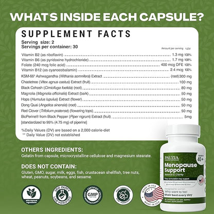PAUZIA Menopause Supplements for Women 40+ | Natural Menopause Relief with Black Cohosh, Ashwagandha, Vitex | Hot Flash & Mood Support | Hormone-Free | Made in USA (60 Vegan Capsules)