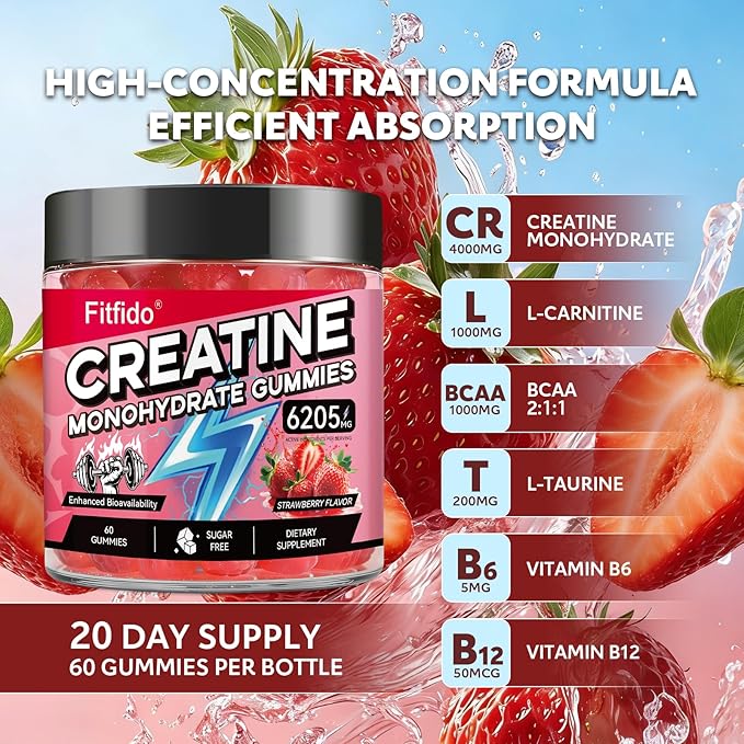 Creatine Monohydrate Gummies for Men & Women - 6205mg per Serving, Containing L-carnitine & Taurine, Post Workout Muscle Recovery, Strength & Energy Boost, Sugar Free & Vegan (60, Strawberry)