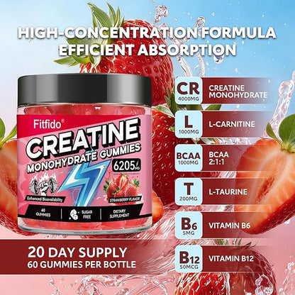 Creatine Monohydrate Gummies for Men & Women - 6205mg per Serving, Containing L-carnitine & Taurine, Post Workout Muscle Recovery, Strength & Energy Boost, Sugar Free & Vegan (60, Strawberry)