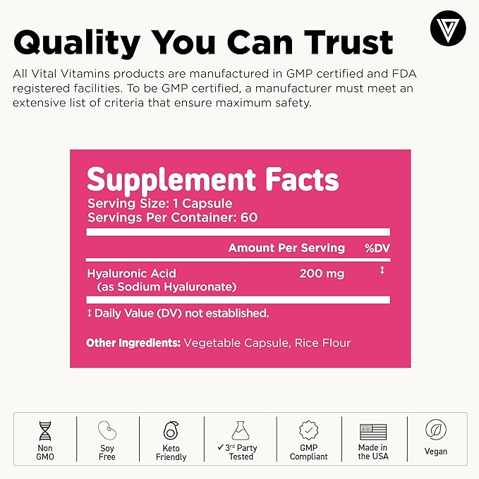 Vital Vitamins Hyaluronic Acid Supplements - Made with 200mg of Low Molecular Weight Hyaluronic Acid - Supports Skin Hydration & Elasticity from Within - 60 Capsules, 60 Servings