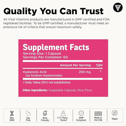 Vital Vitamins Hyaluronic Acid Supplements - Made with 200mg of Low Molecular Weight Hyaluronic Acid - Supports Skin Hydration & Elasticity from Within - 60 Capsules, 60 Servings