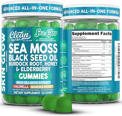 Clean Nutra Sea Moss Gummies Black Seed Oil Chlorella Ashwagandha Root Hair Growth Skin Glow Irish Sea Moss Elderberry Burdock Manuka Honey Trace Minerals Detox 60 Gummy Vitamins Sea Glow Supplement