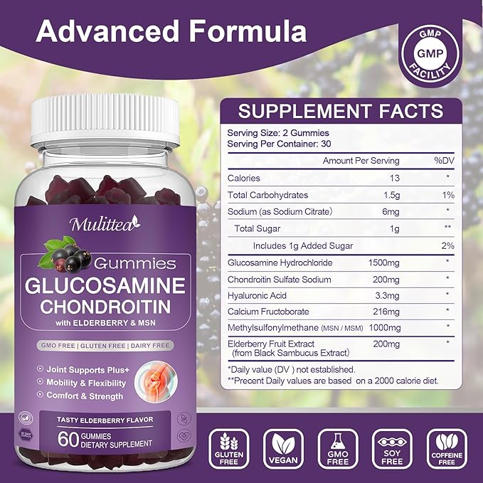Mulittea Glucosamine Chondroitin Gummies - Extra Strength Joint Support Supplement with MSM & Elderberry for Natural Joint, Antioxidant Immune Support for Adults, Men & Women-(2 Pack)