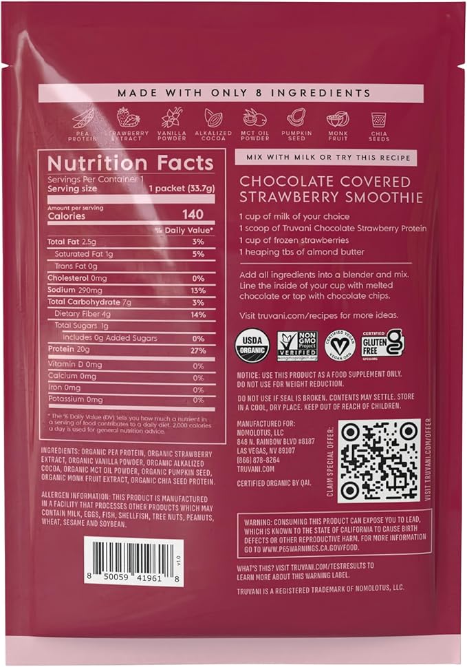 Truvani Vegan Pea Protein Powder | Chocolate Strawberry | 20g Organic Plant Based Protein | 1 Serving | Keto | Gluten & Dairy Free | Low Carb | No Added Sugar
