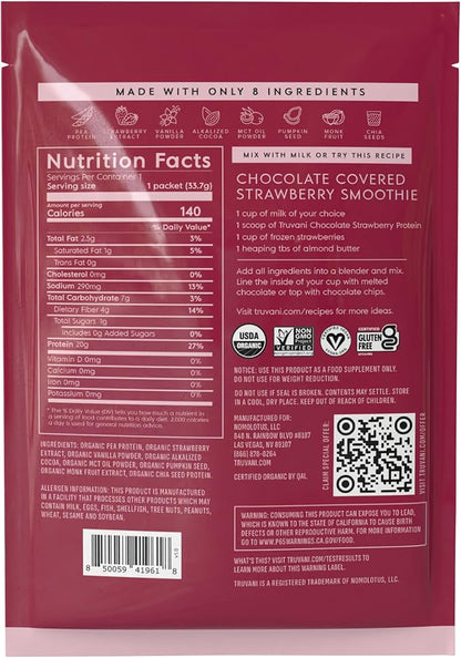 Truvani Vegan Pea Protein Powder | Chocolate Strawberry | 20g Organic Plant Based Protein | 1 Serving | Keto | Gluten & Dairy Free | Low Carb | No Added Sugar