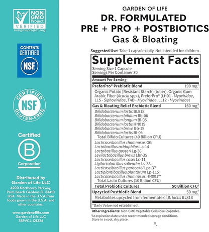 Garden of Life Dr. Formulated Pre, Post & Probiotics Gas & Bloating Once Daily 3-in-1 Complete Prebiotics, Postbiotics & Probiotics – 50 Billion CFU, Non-GMO, Gluten-Free, 30 Day Supply