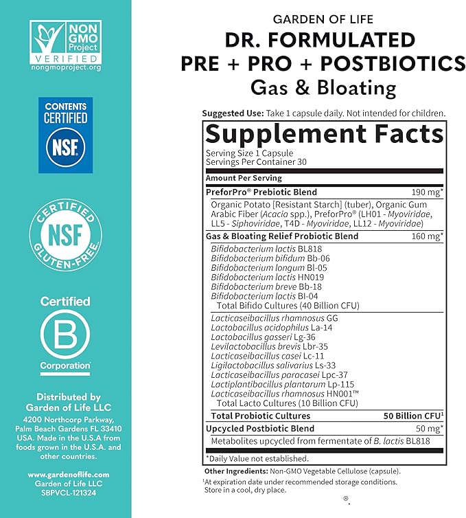 Garden of Life Dr. Formulated Pre, Post & Probiotics Gas & Bloating Once Daily 3-in-1 Complete Prebiotics, Postbiotics & Probiotics – 50 Billion CFU, Non-GMO, Gluten-Free, 30 Day Supply, (Pack of 2)