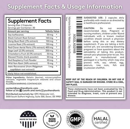 Youth & Tonic Her Hormone Balance – Menopause Supplement for Women, Perimenopause Support, Non-Hormonal Herbal Formula with Black Cohosh for Hot Flashes & Night Sweats, 60 Capsules