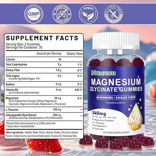 Magnesium Glycinate Gummies with L-Threonate, Vitamin B6, Ashwagandha 540mg per Serving, Sugar Free, Vegan, Relaxation & Nighttime Support, Strawberry Flavor, 60 Gummies
