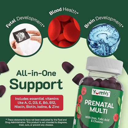 YumVs Prenatal Gummies for Women - Prenatal Vitamins for Women with Folic Acid, Iron & Choline - Vegetarian & Kosher Pregnancy Vitamins - Womens Prenatal Multivitamin with A C D3 E B6 B12 (60 Count)