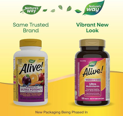 Nature's Way Alive! Vitamins for Women 50 Plus, Complete Multivitamin, High Potency Formula, with Methylated B12, Gluten-Free, 150 Tablets, (Pack of 2)