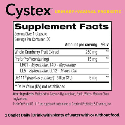 Cystex 3-in-1 Urinary Tract Probiotic for Women - Fast-Acting UTI & Yeast Infection Support with Prebiotics, Probiotics, & Cranberry - Supports Vaginal pH & Flora Balance - 30 Capsules