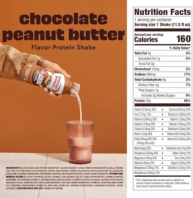 Premier Protein Shake, Chocolate Peanut Butter, 30g Protein, No Added Sugar, 24 Vitamins & Minerals to Support Immune Health, 11.5 fl oz, 12 Pack